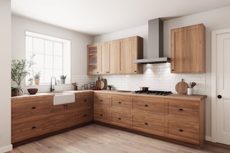 Modern kitchen with custom wooden cabinets featuring modern appliances and bright lighting