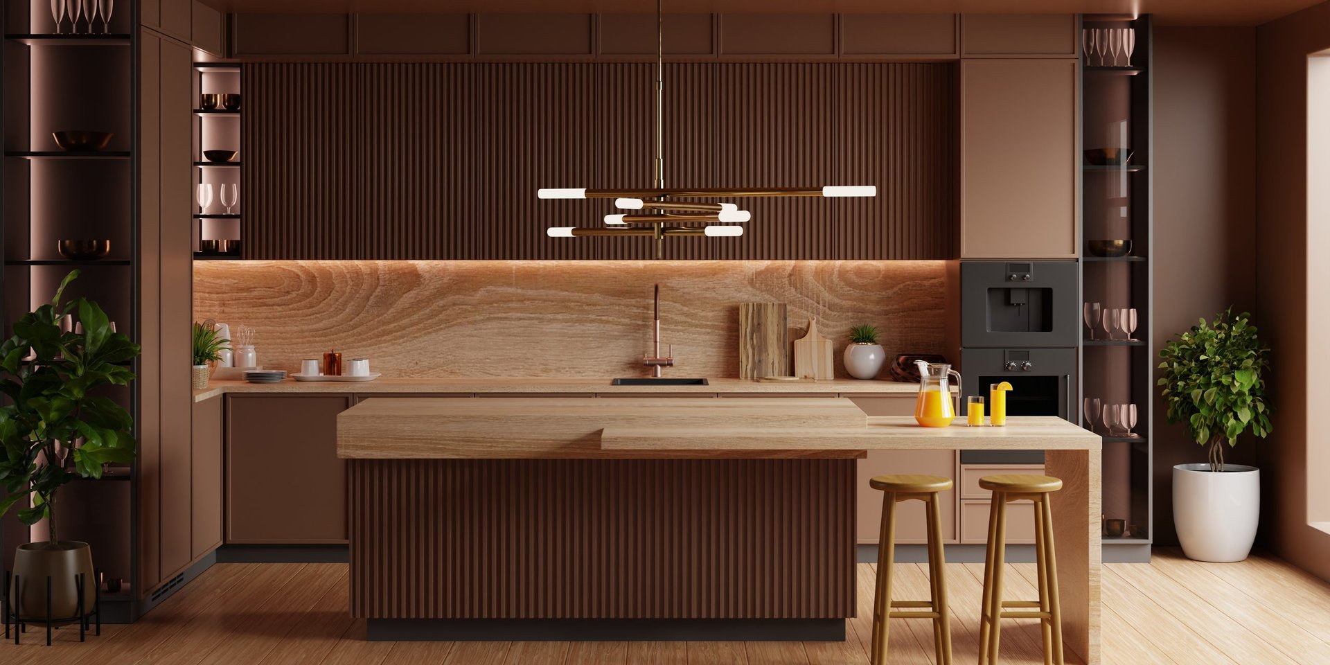 Modern luxury kitchen with custom cabinetry featuring elegant wooden interiors