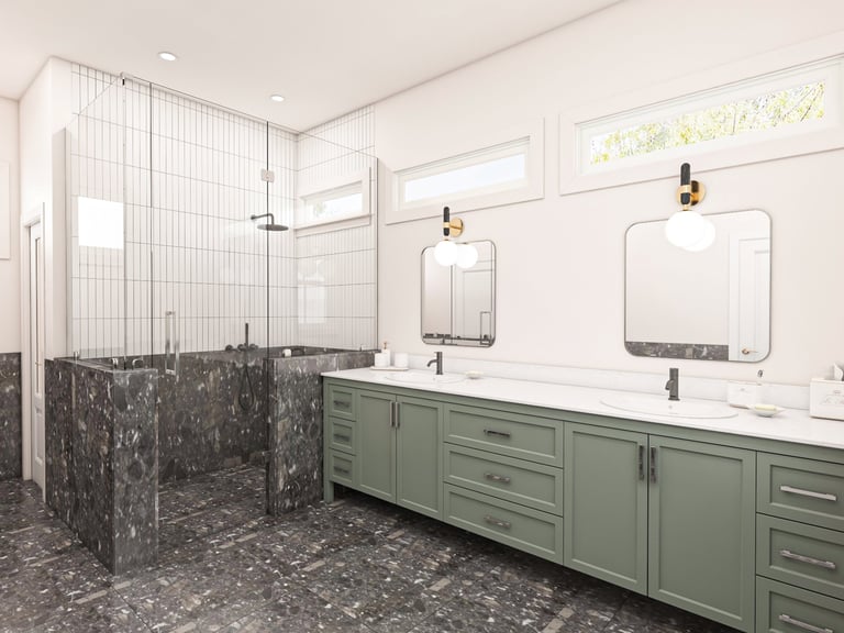 Elegant bathroom featuring double sink green vanity with granite surfaces and glass shower
