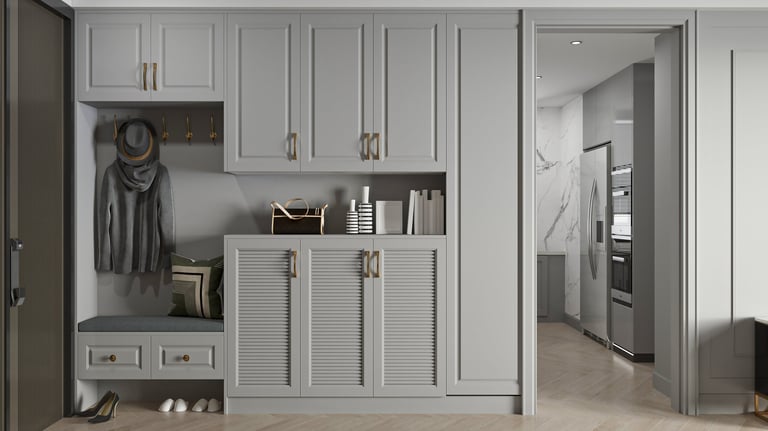 Custom laundry room cabinets with organized storage for North Texas home