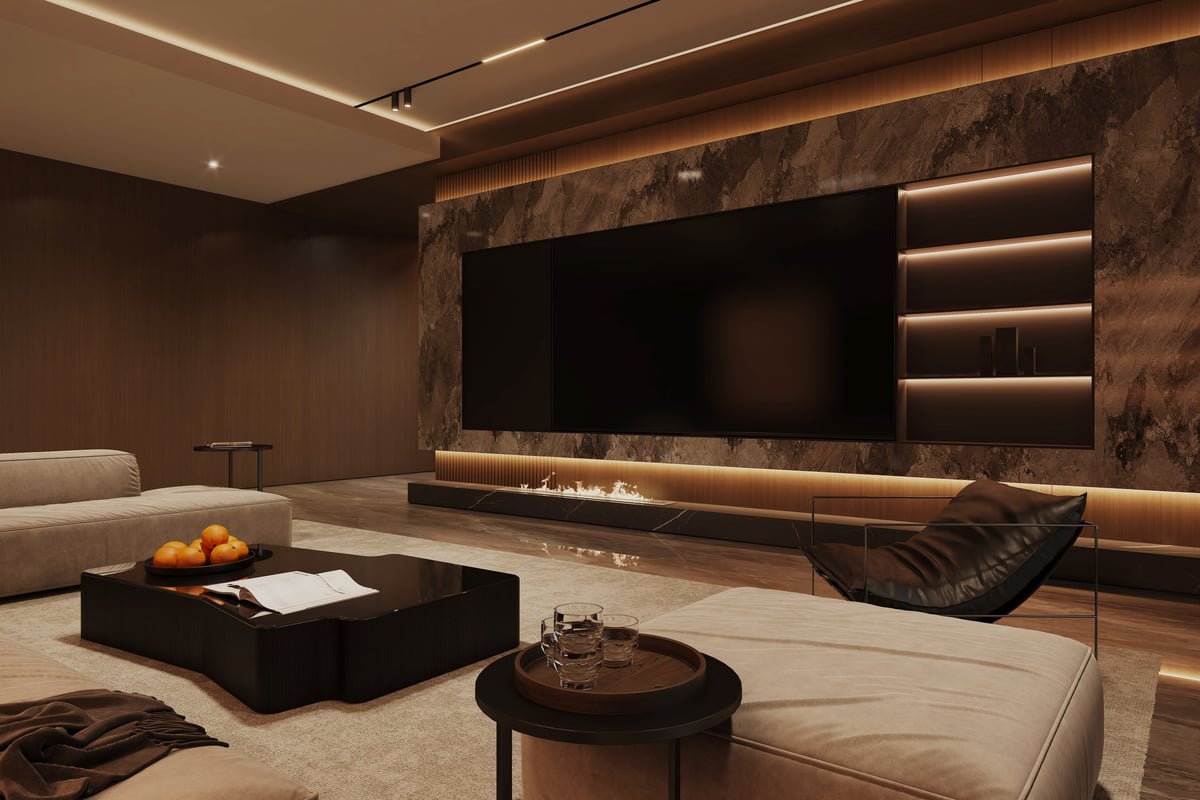 Luxury living room with feature TV wall and modern fireplace