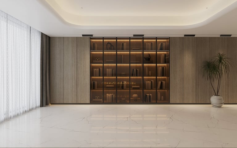 Modern built-in wooden bookshelf with decorative lighting