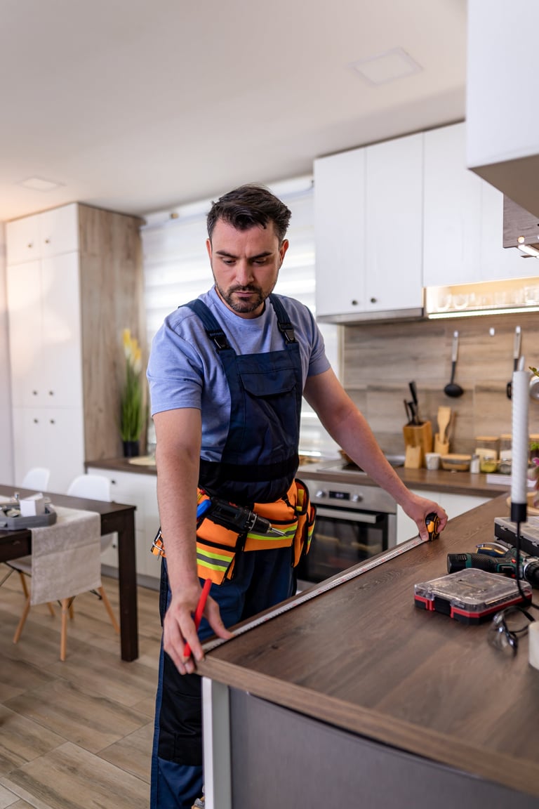 Professional measuring and fitting cabinetry in kitchen