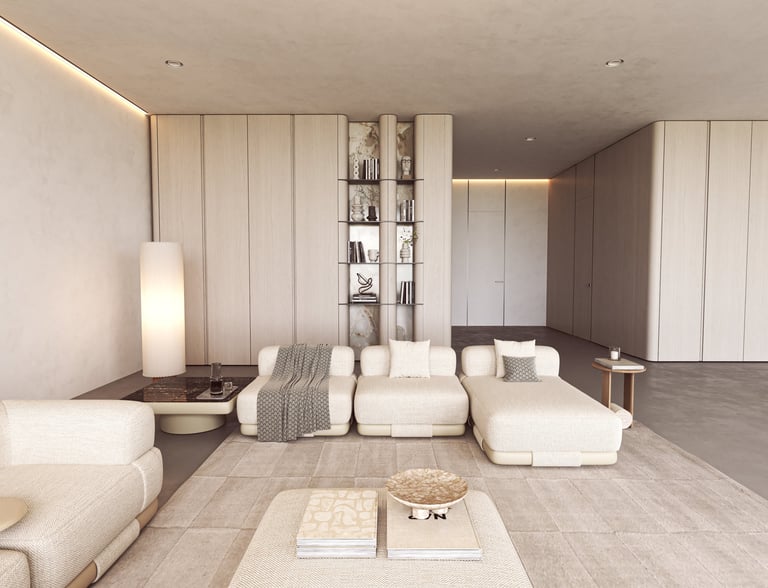 Minimalist living room featuring modular beige seating with artistic open shelving and sculptural pieces
