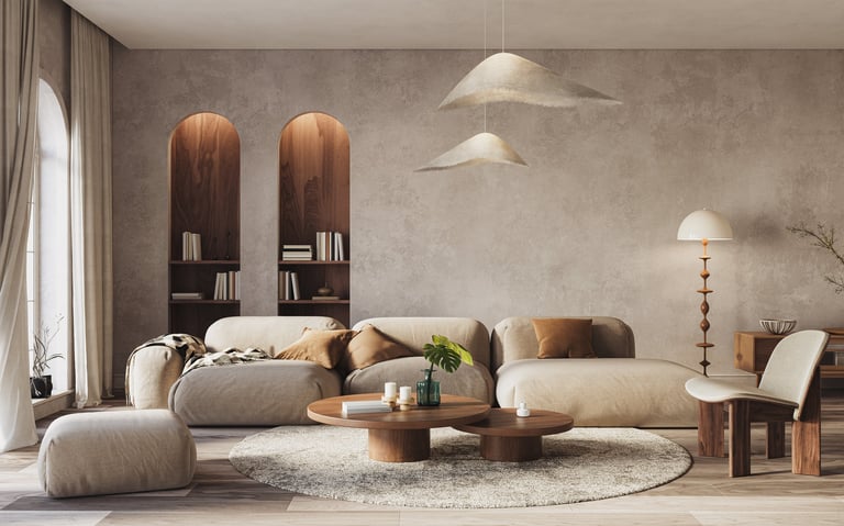 Contemporary living room with arched built-in shelves