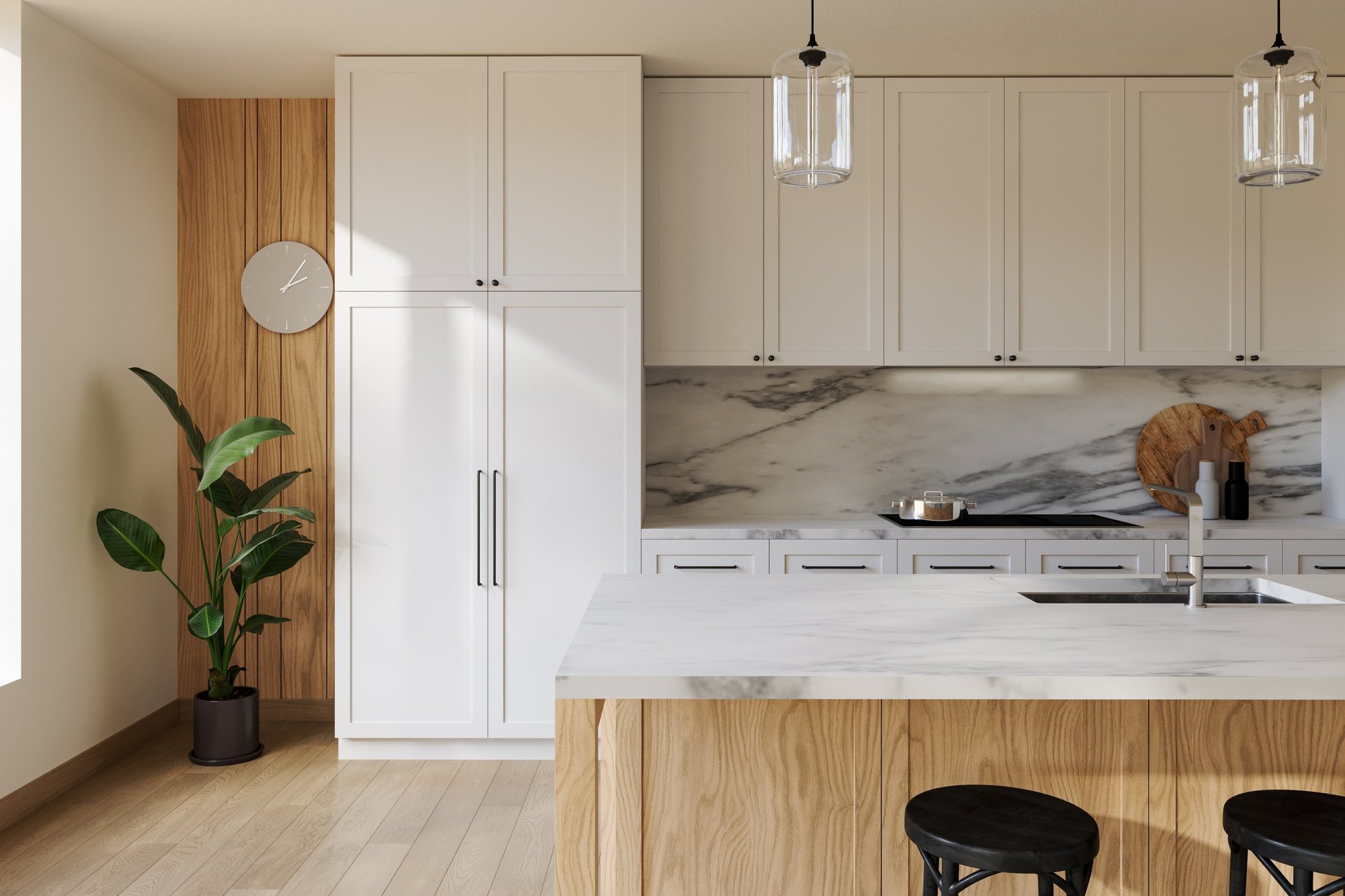 Luxury custom kitchen with premium wooden cabinets and marble island