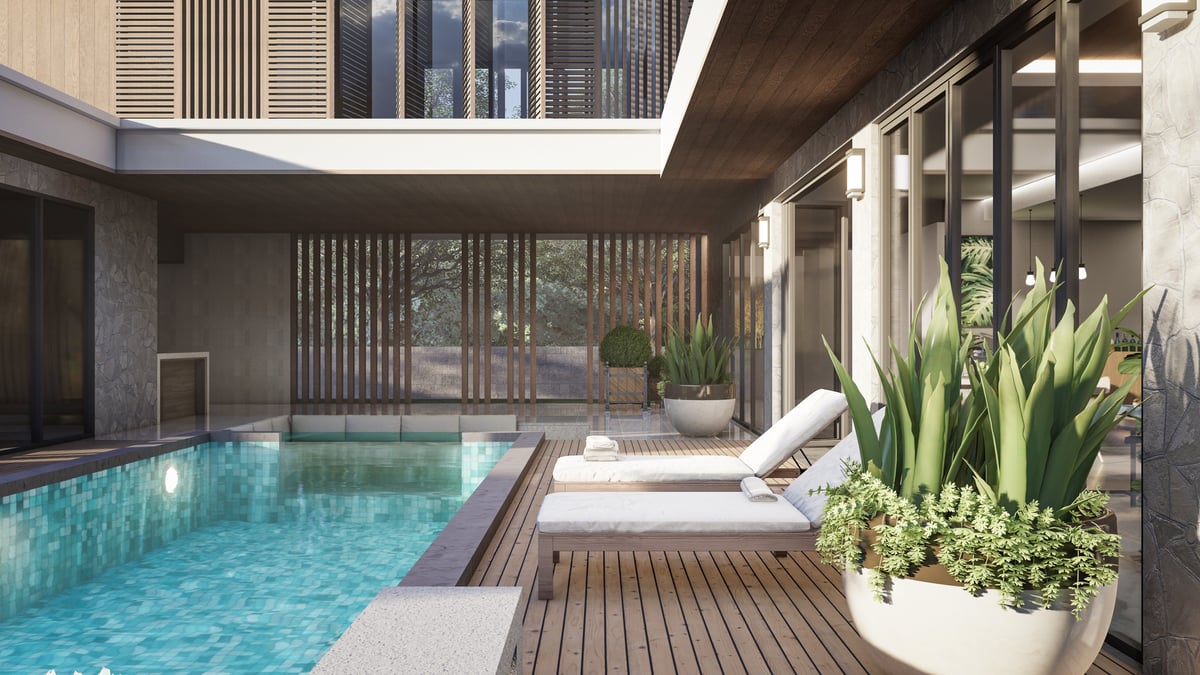 Modern luxury residence with swimming pool and wooden accents