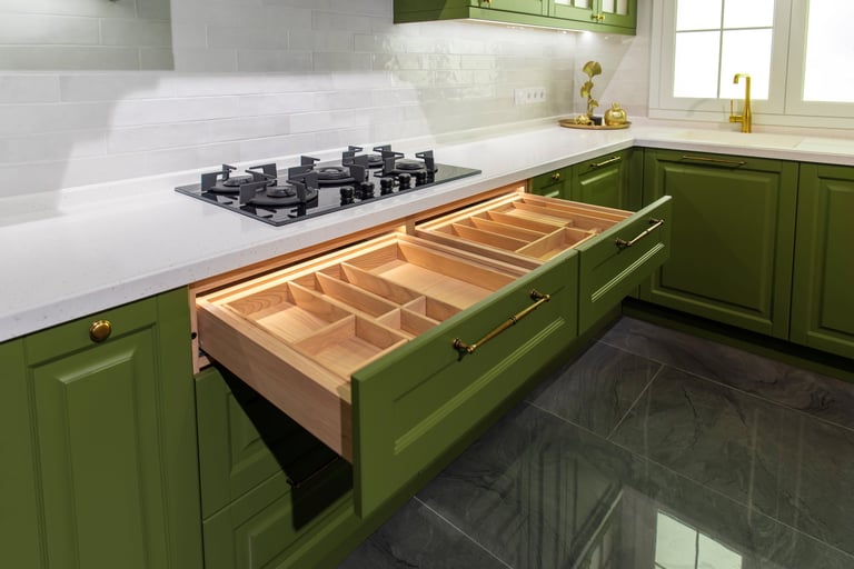 Open green kitchen cabinetry with wooden cutlery organizer interior and organized storage