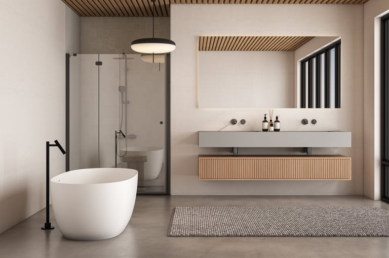 Modern bathroom with double vanity and glass shower