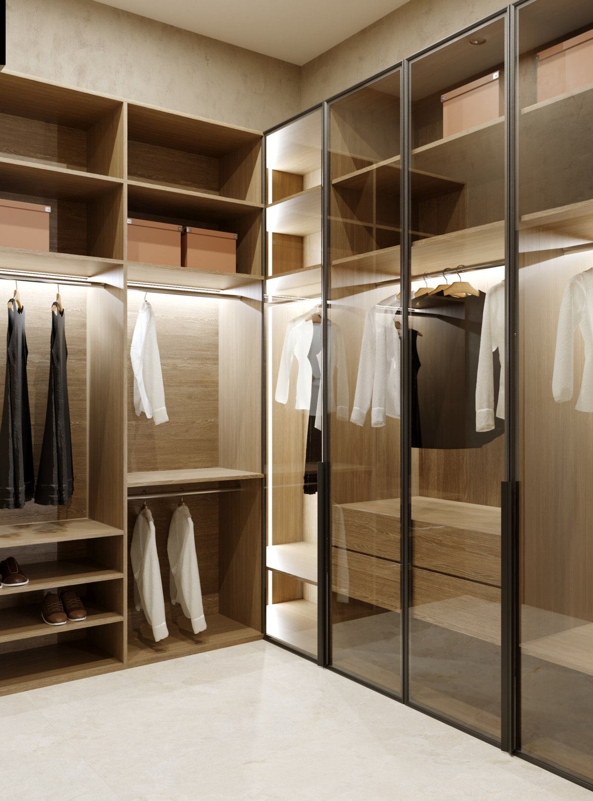 Luxury walk-in closet with illuminated glass cabinets