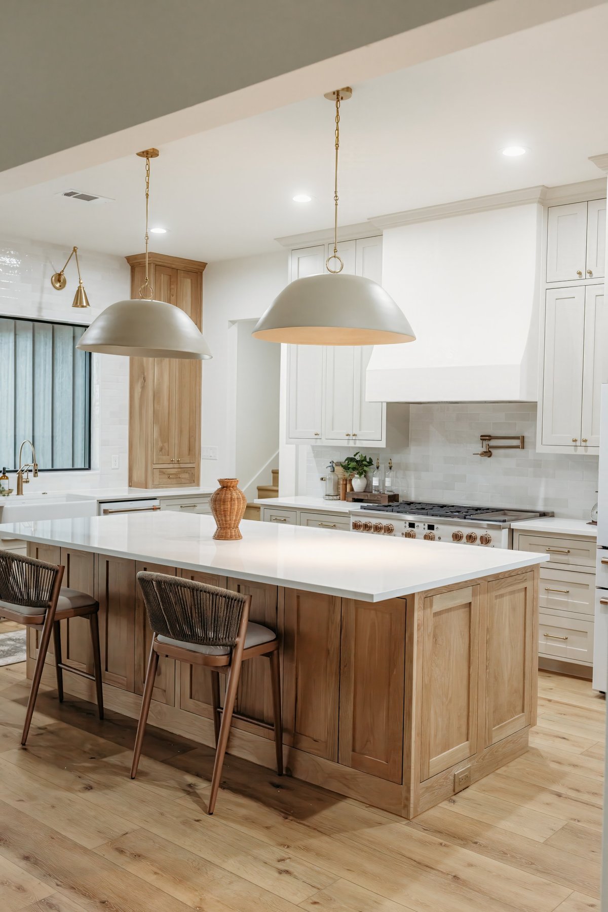 Modern white oak custom kitchen island and cabinetry